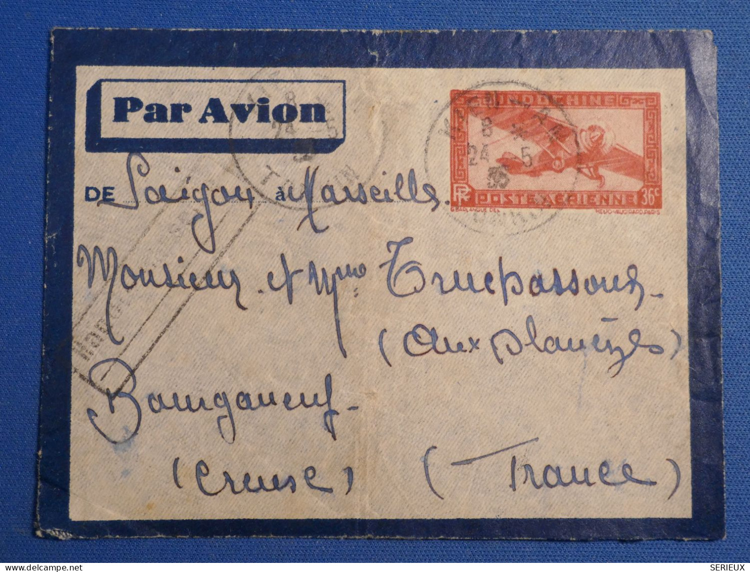 DL2  INDOCHINE FRANCAISE  BELLE   LETTRE ENTIER   1935 SAIGON  A BOURGANEUF  FRANCE+ AFF. INTERESSANT+ - Storia Postale