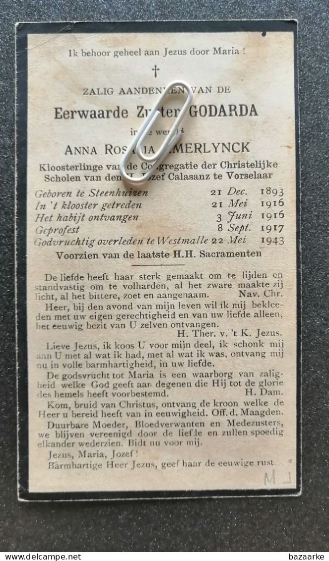 EERW. ZUSTER GODARDA  ANNA AMERLYNCK ° STEENHUIZEN 1893 + WESTMALLE 1942 - Santini