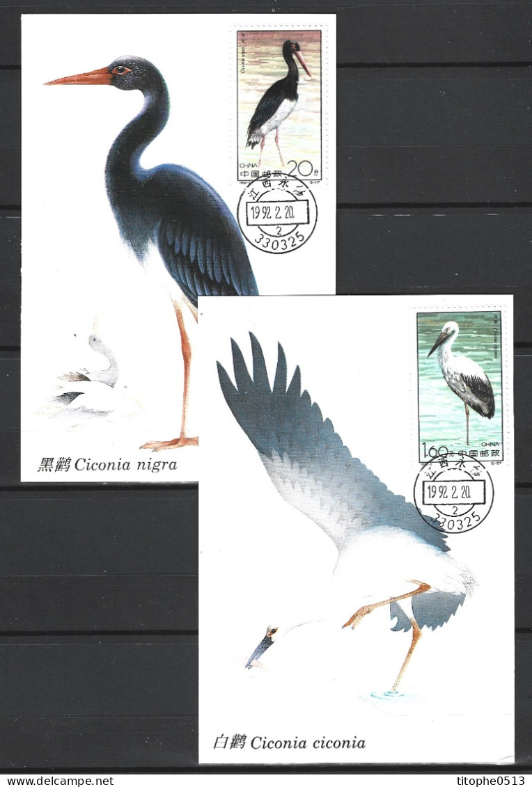 CHINE. N°3105-6 De 1992 Sur 2 Cartes Maximums. Cigogne. - Picotenazas & Aves Zancudas