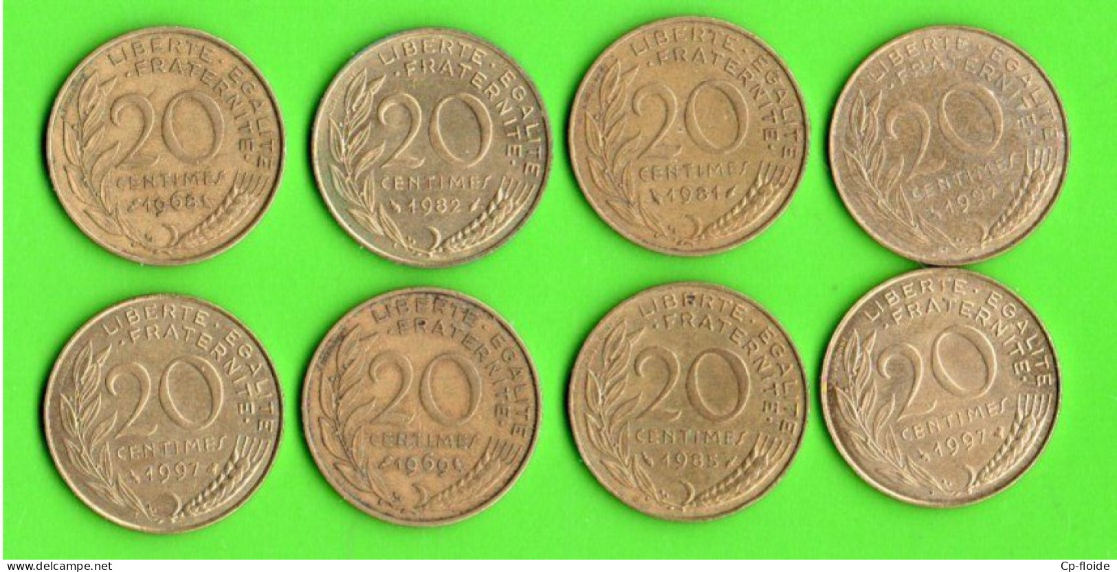 FRANCE 20 CENTIMES. MARIANNE LAGRIFFOUL. 1997, 1982, 1981, 1997, 1985, 1969, 1997, 1968. LOT DE 8 PIÈCES - Réf. N°281B - - 20 Centimes