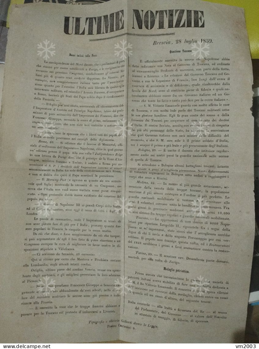 Giornale ULTIME NOTIZIE Brescia 28.07. 1859. Mantova E Peschiera Restano Lombarde, Ostilia Adesione A Piemonte - Antes 1900