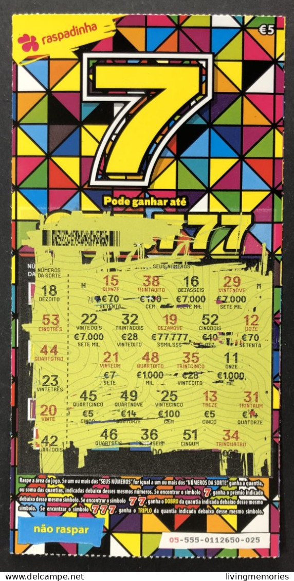 116 O, Lottery Tickets, Portugal, « Raspadinha », « Instant Lottery », « 7, Pode Ganhar Até € 7.777 », # 05 - 555 - Billetes De Lotería