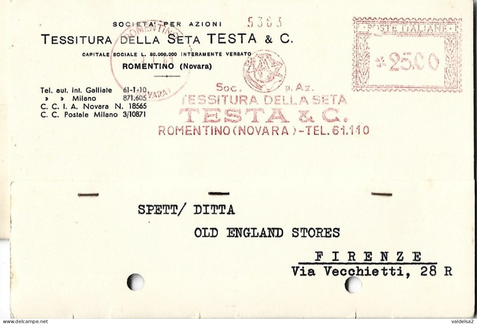 ROMENTINO - NOVARA - CARTOLINA COMMERCIALE TESSITURA DELLA SETA "TESTA & C."  -  1963 - Novara