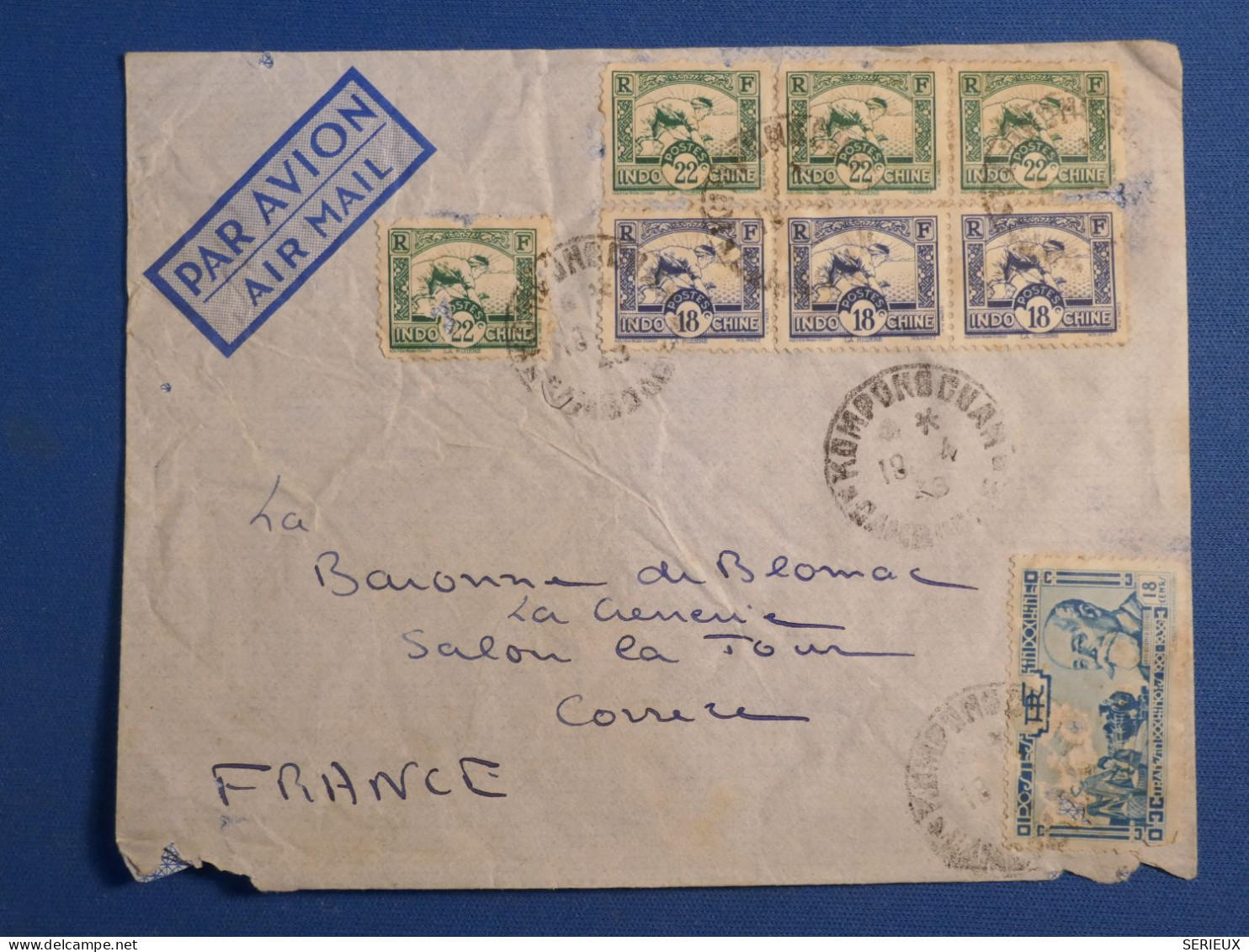 DL2  INDOCHINE CAMBODGE  BELLE  LETTRE  1943 PETIT BUREAU PONGONG CHAM A SALON  FRANCE++ A LA BARONNE + - Cartas & Documentos