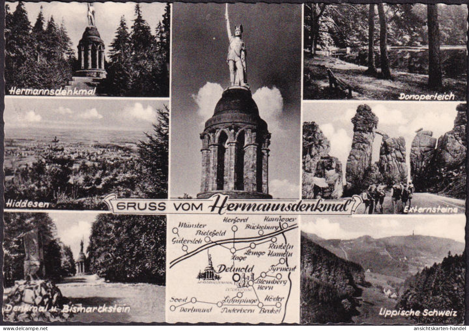 AK Detmold, Hermanns Denkmal, Hiddesen, Bismarckstein, Donoperteich, Gelaufen 1962 - Detmold