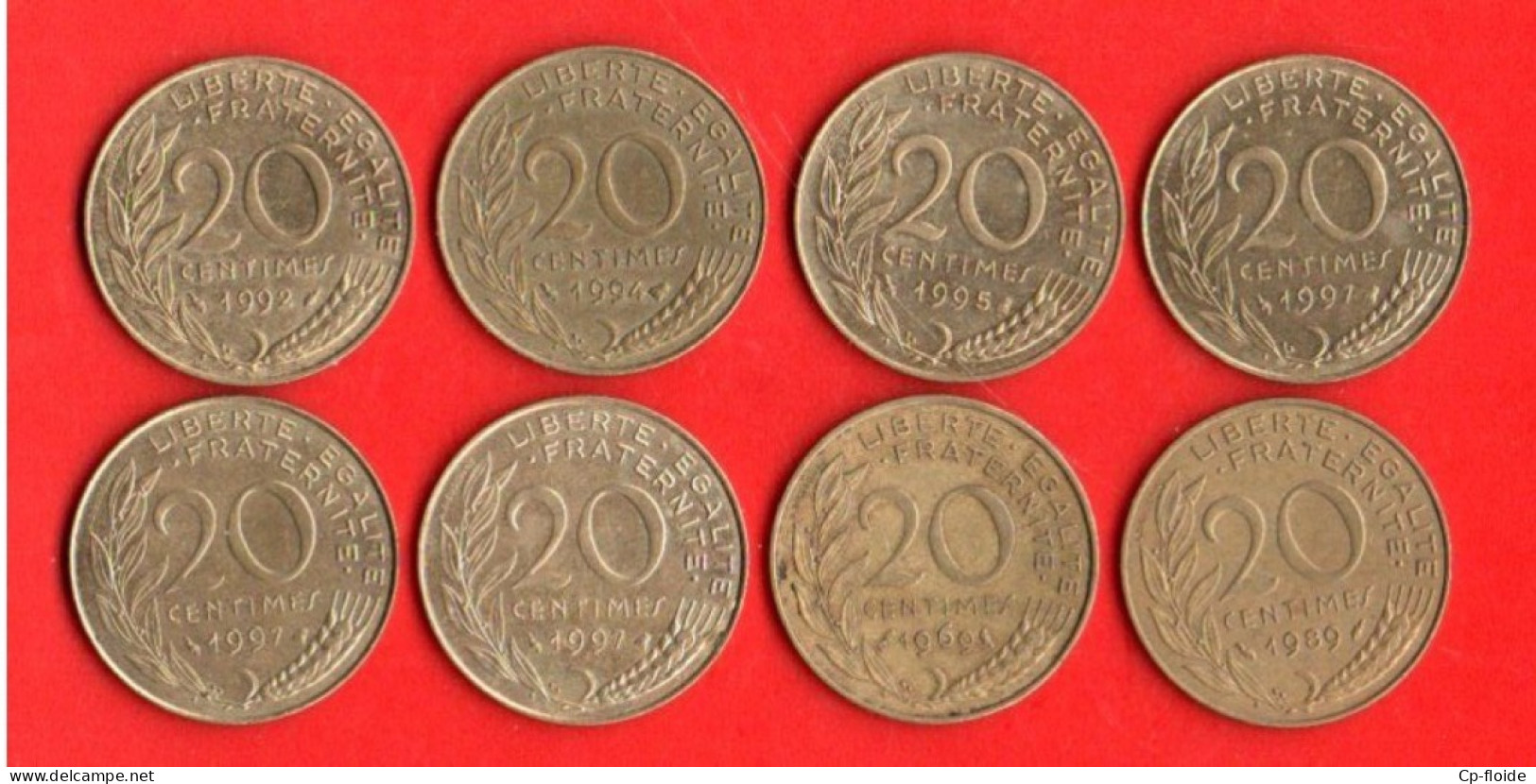 FRANCE 20 CENTIMES. MARIANNE LAGRIFFOUL. 1997, 1992, 1994, 1997, 1995, 1969, 1997, 1989. LOT DE 8 PIÈCES - Réf. N°282B - - 20 Centimes