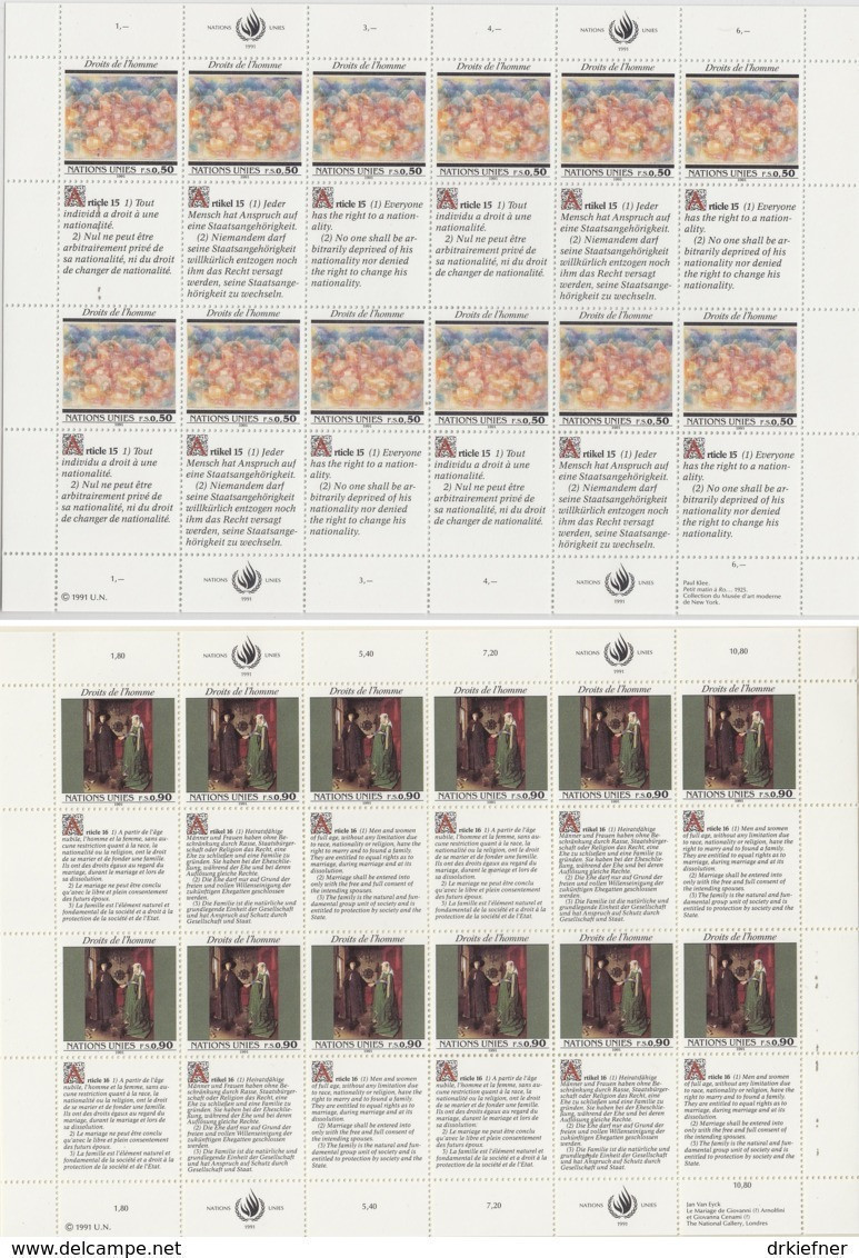 UNO GENF 208-209, 2 Kleinbogen (6x2), Postfrisch **, Menschenrechte, 1991 - Blocks & Sheetlets