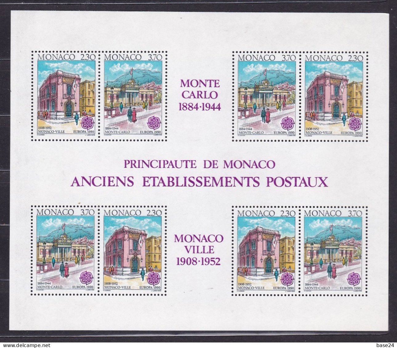 1990 Monaco EUROPA CEPT EUROPE 4 Serie Di 2 Valori Foglietto MNH** Edifici Postali, Post Offices Minisheet - 1990