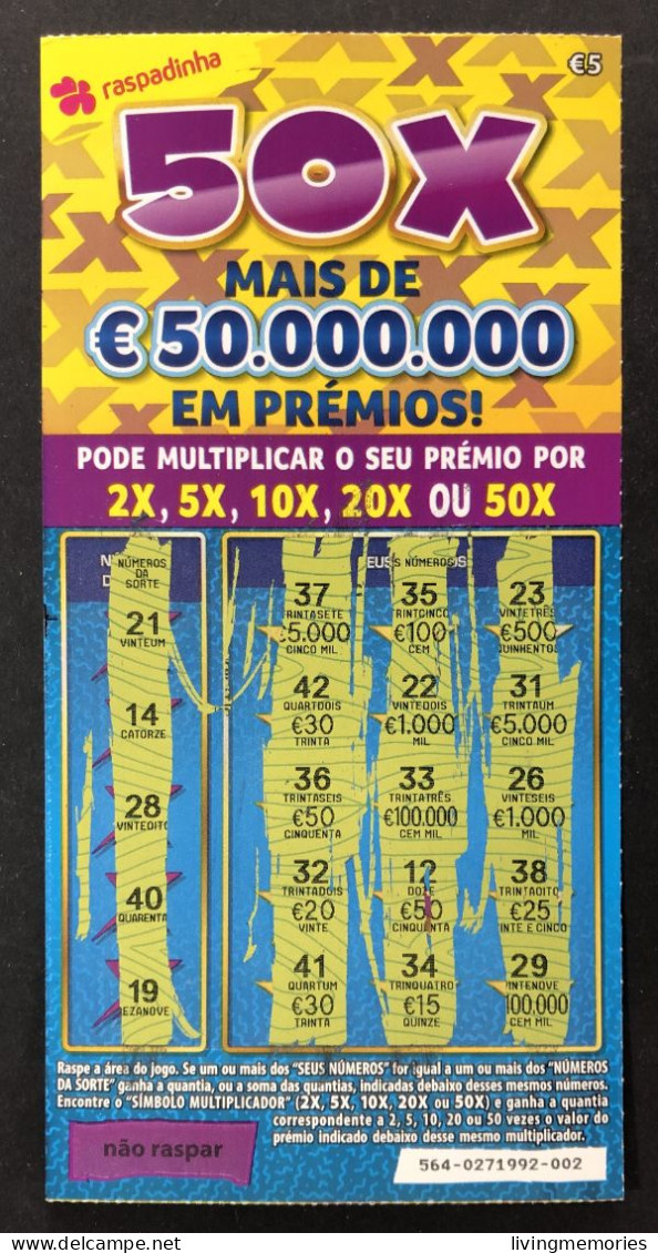 116 O, Lottery Tickets, Portugal, « Raspadinha », « Instant Lottery », « 50 X MAIS DE € 50.000.000 EM PRÉMIOS », Nº 564 - Lottery Tickets