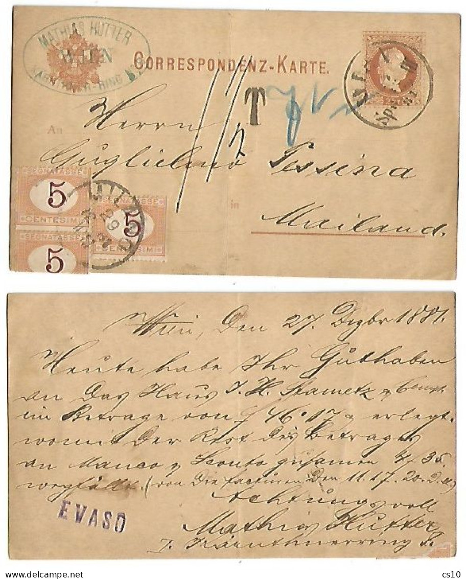 Regno Segnatasse #5 C.5 Ocra E Carminio #3 Pezzi (1 Difettoso) Cart.Commerciale Austria 3set 1881 X Milano - Marcophilie