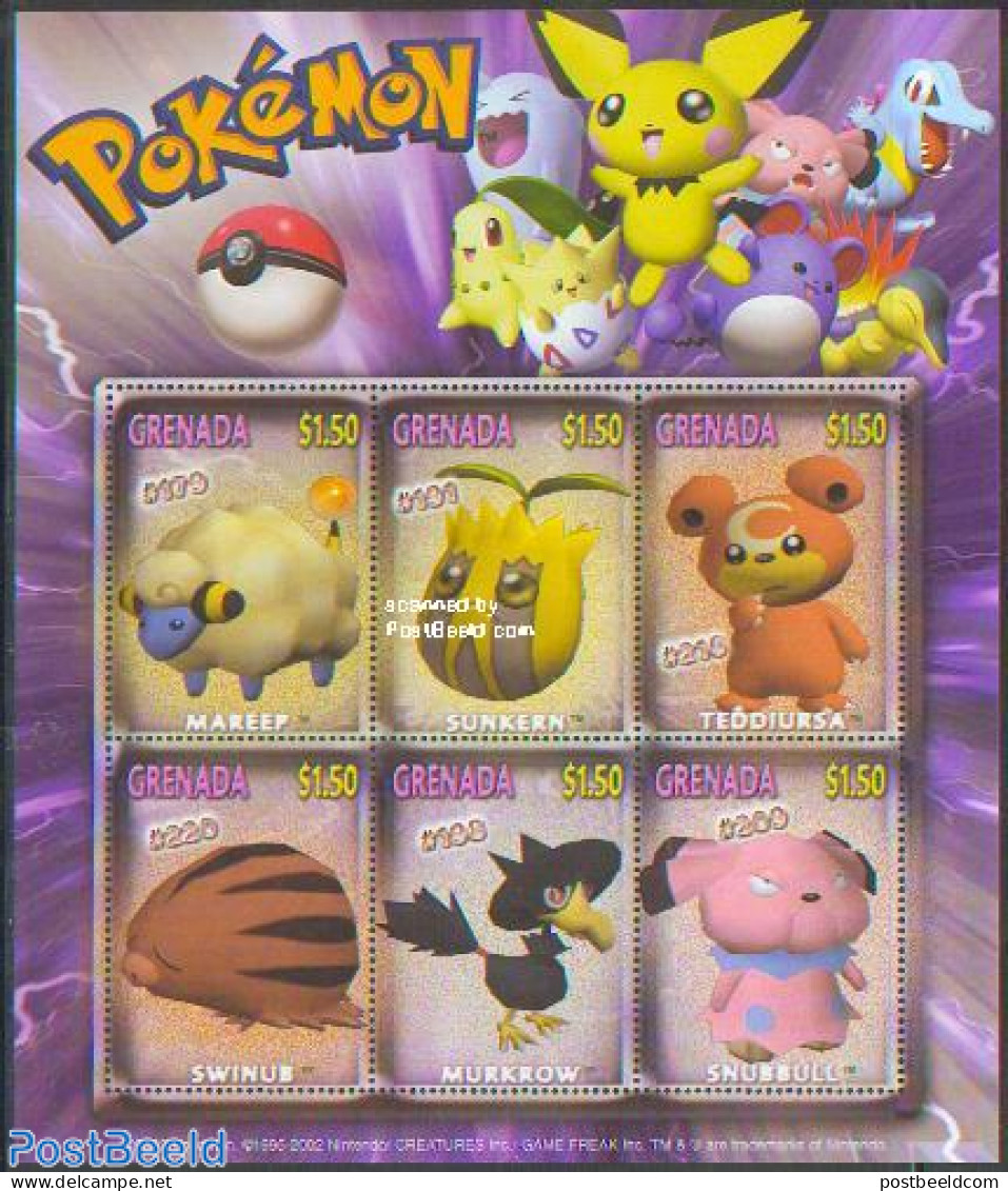 Grenada 2002 Pokemon 6v M/s /Mareep, Mint NH, Art - Comics (except Disney) - Bandes Dessinées