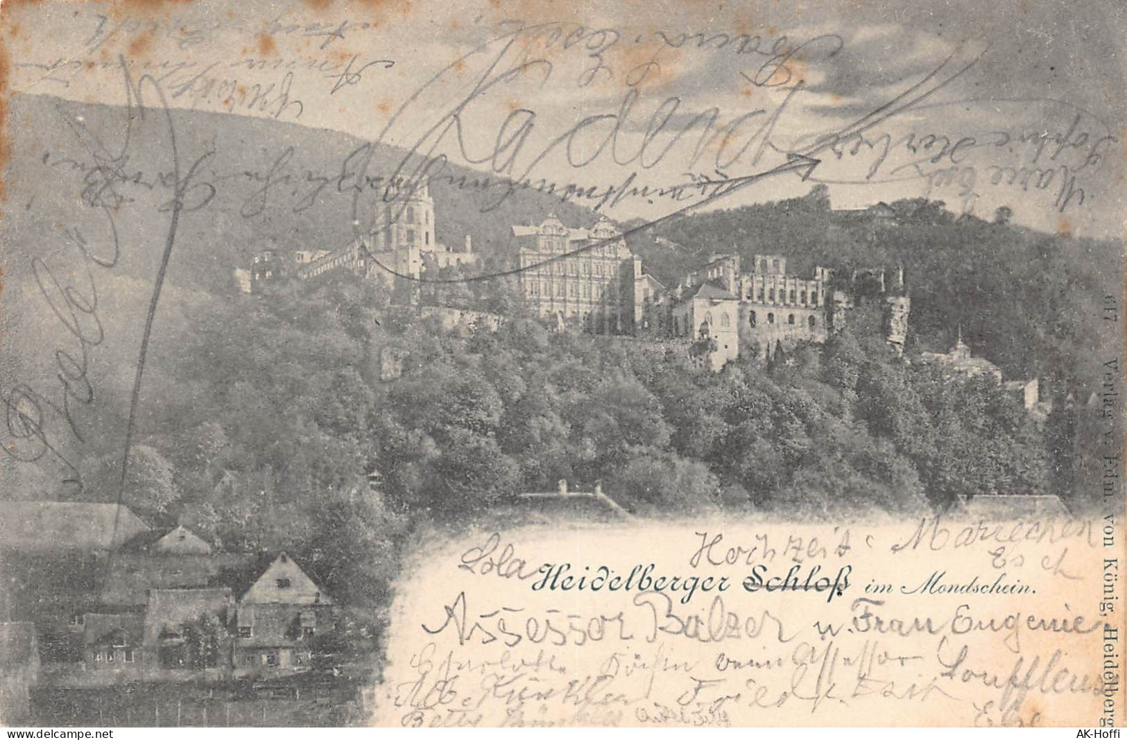 Heidelberg. Schloss Von Der Hirschgasse Im Mondschein Gl.1898 - Heidelberg