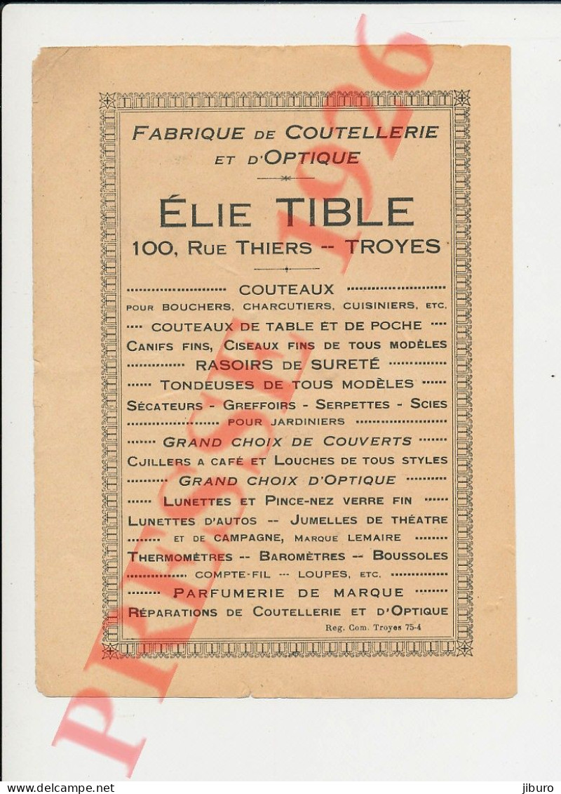 Publicité 1926 Elie Tible Fabrique De Coutellerie Et D'Optique 100 Rue Thiers Troyes 250/42 - Zonder Classificatie