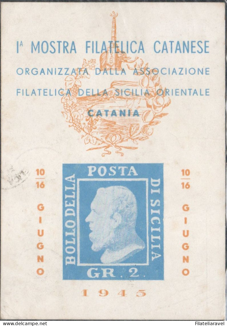Luogotenenza - Cartolina - 1945, " I° Mostra Filatelica Catanese", Catania. - Storia Postale