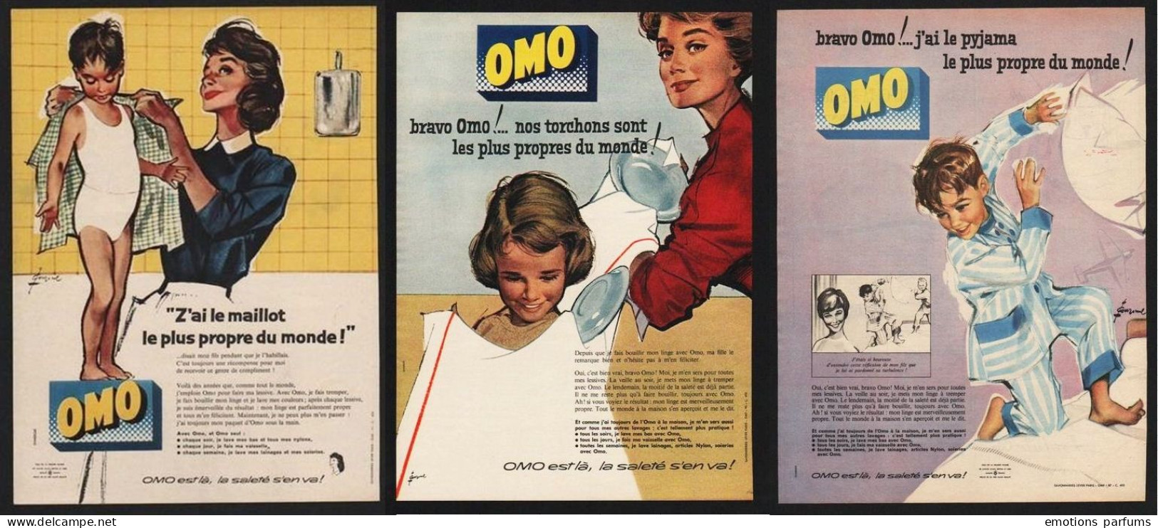 LOT De 5 Pubs Toutes Differentes 1958 LESSIVE OMO Savonnerie Lever Enfant Femme Pin Up Dessin Couronne - Advertising