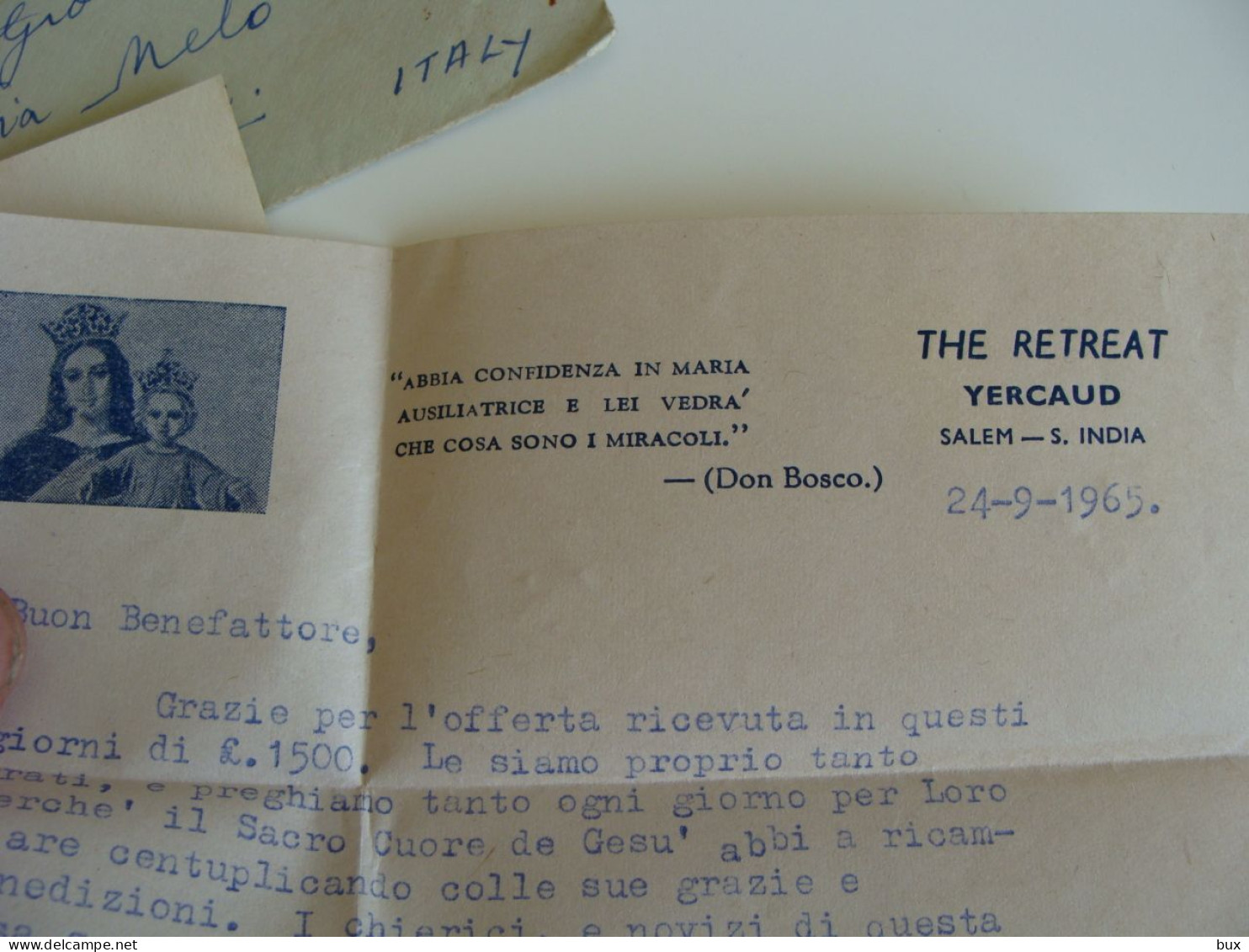 1965 INDIA  LETTERA OFFERTA  THE RETREAT YERCAUD SALEM S. INDIA   DON BOSCO  SALESIANI SANCTUS MISSIONARI MISSIONARIES - Historische Dokumente