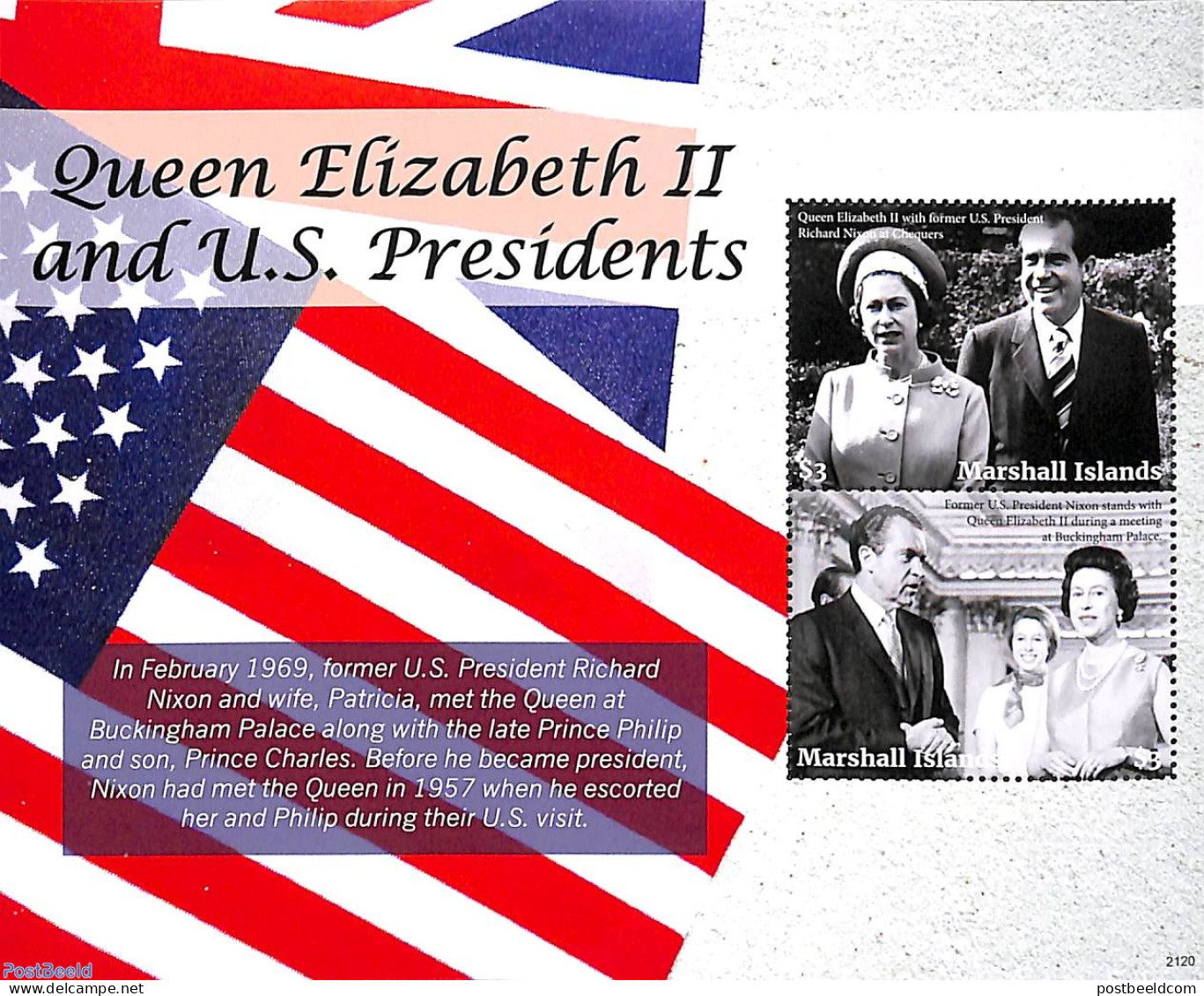 Marshall Islands 2021 Queen Elizabeth II With Pres. Nixon S/s, Mint NH, History - American Presidents - Kings & Queens.. - Familias Reales