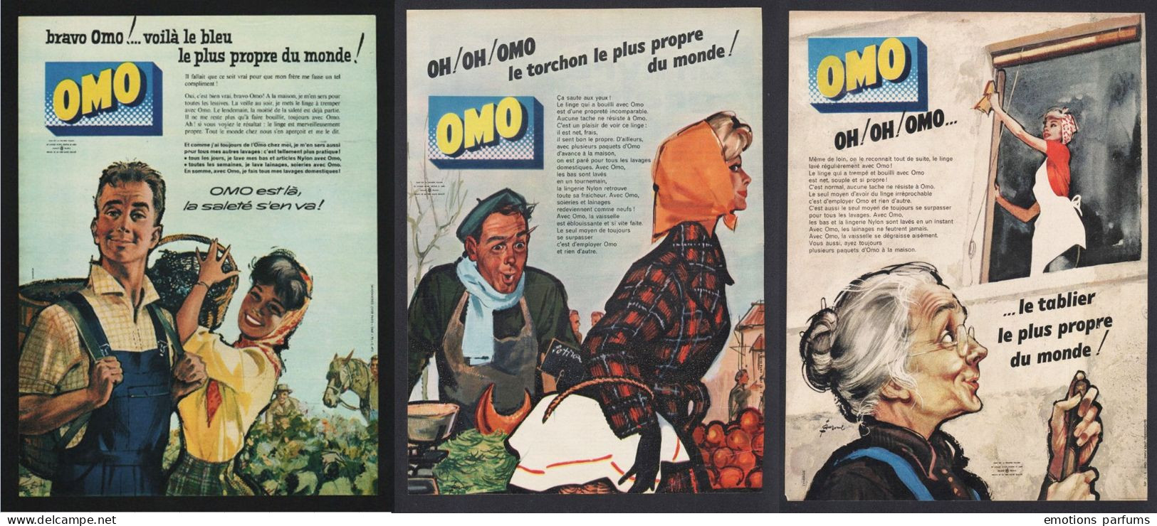 LOT De 5 Pubs Toutes Differentes 1958 LESSIVE OMO Savonnerie Lever Chasse Femme Pin Up Dessin Couronne - Publicidad