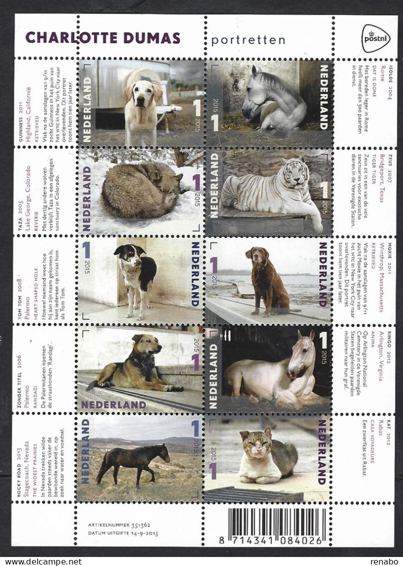 Pays-Bas, Nederland, Netherlands 2015; Animal Portraits By Charlotte Dumas: Cat, Tiger, Dogs, Horses, Fox; 10v M/s - Gatos Domésticos