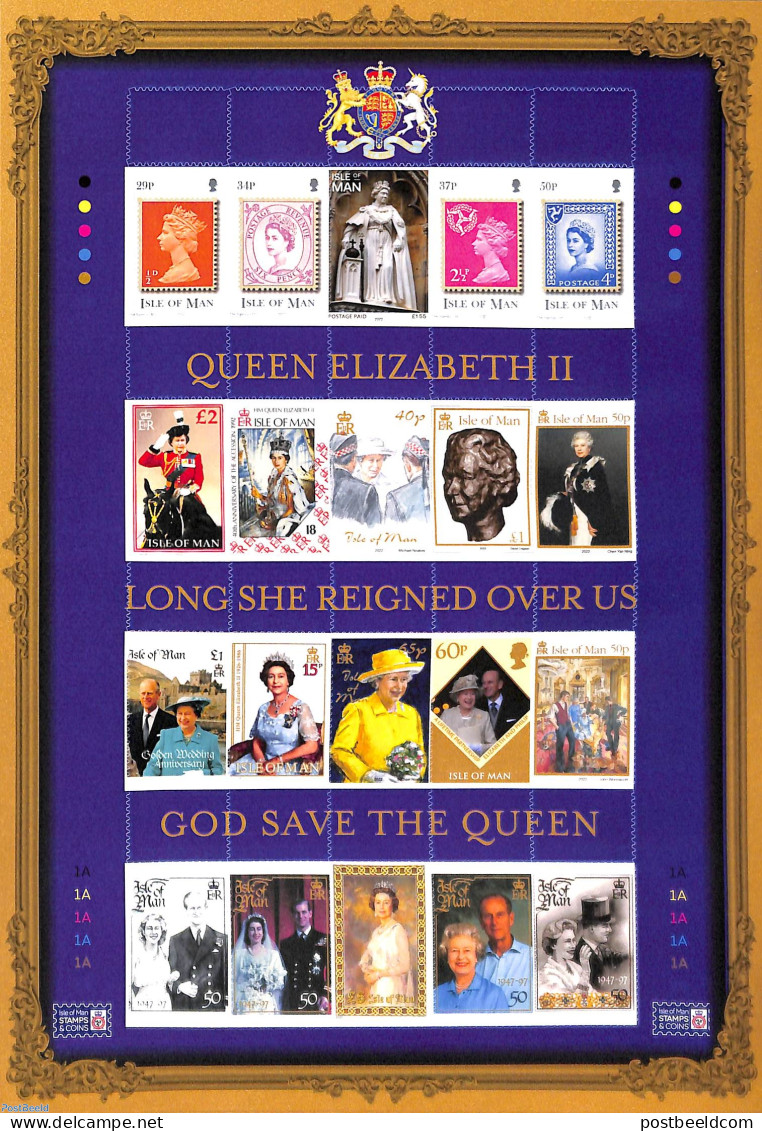 Isle Of Man 2022 Remember Queen Elizabeth II M/s S-a, Mint NH, History - Kings & Queens (Royalty) - Stamps On Stamps -.. - Familias Reales