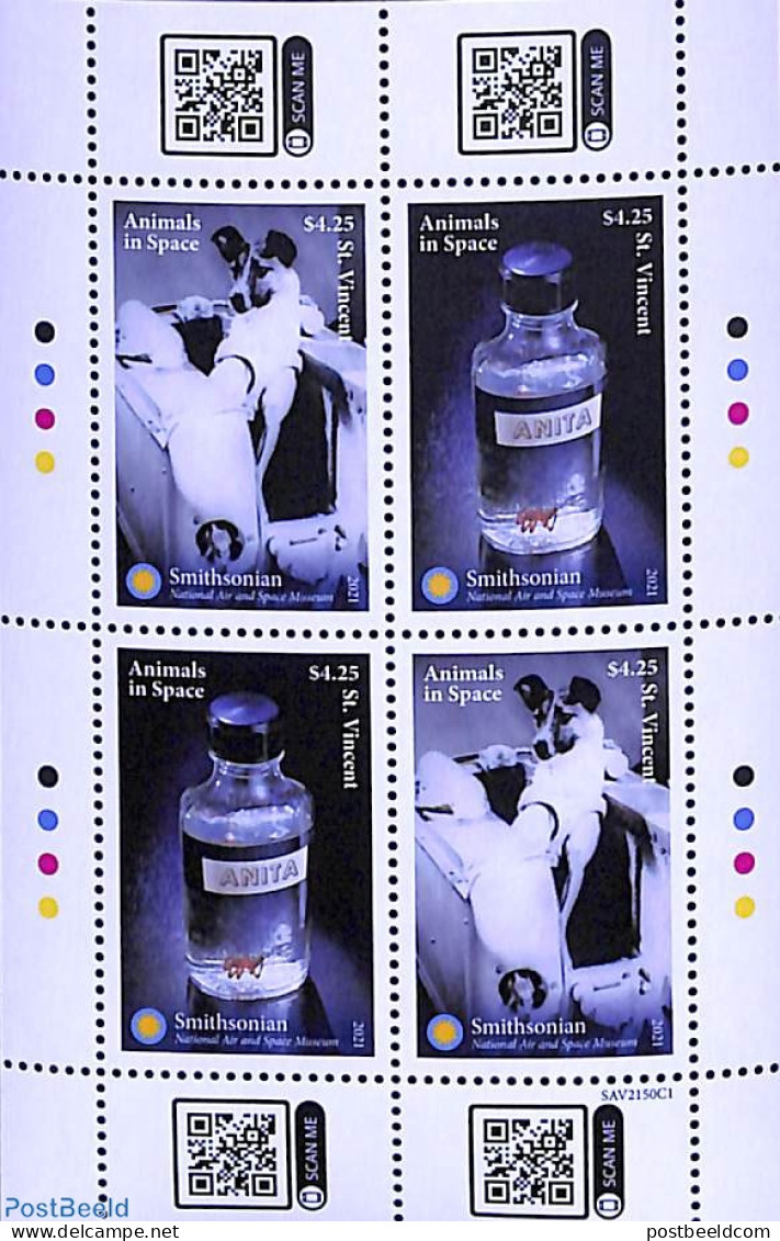 Saint Vincent 2021 Animals In Space 2x2vm/s, Mint NH, Nature - Transport - Dogs - Space Exploration - St.Vincent (1979-...)