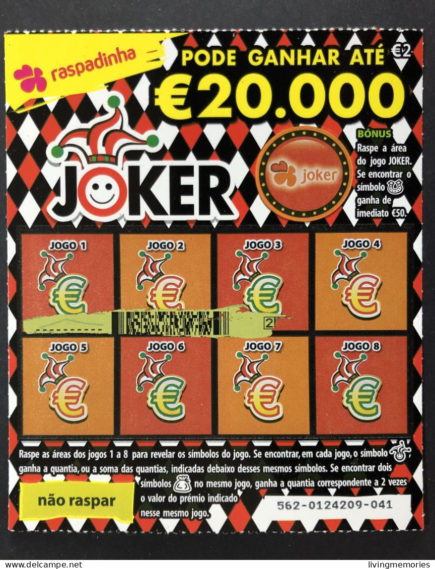 116 O, Lottery Tickets, Portugal, « Raspadinha », « Instant Lottery », « JOKER Pode Ganhar Até € 20.000 », Nº 562 - Billetes De Lotería