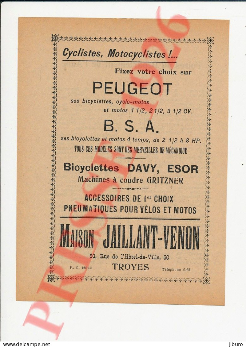 Publicité 1926 Jaillant-Venon Troyes Peugeot Bicyclettes Cyclo-Motos BSA Moto Davy Esor Machines à Coudre Gritzner - Zonder Classificatie