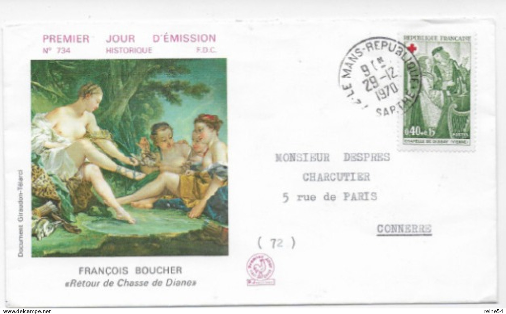 Enveloppe Premier Jour- La Croix Rouge Chapelle De Dissay  29 Déc 1970 Connerré (72) F.D.C. 734 N° 1661 (circulé) - 1970-1979