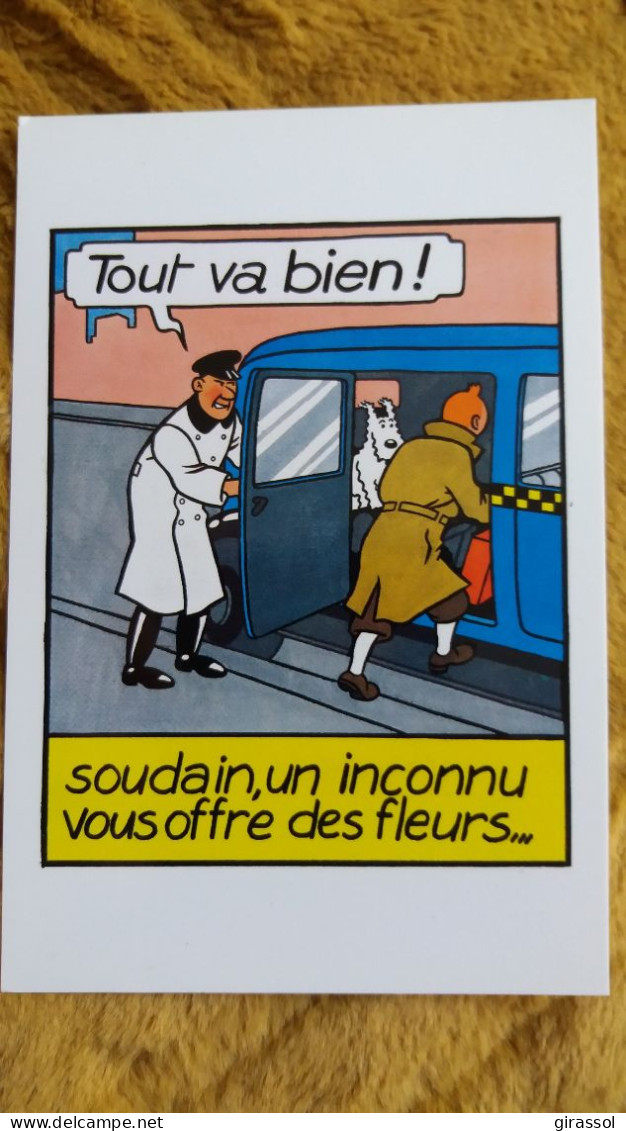 CPSM BD BANDE DESSINEE TINTIN MONTANT DANS UNE AUTO FILIPS SOUDAIN UN INCONNU VS OFFRE DES FLEURS COLLECTION INFLUENCES - Bandes Dessinées