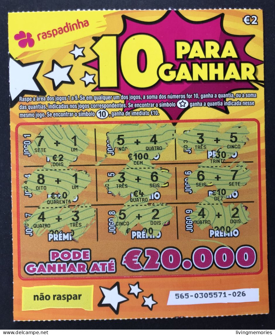 116 O, Lottery Tickets, Portugal, « Raspadinha », « Instant Lottery », « 10 PARA GANHAR » # 565 - Billets De Loterie