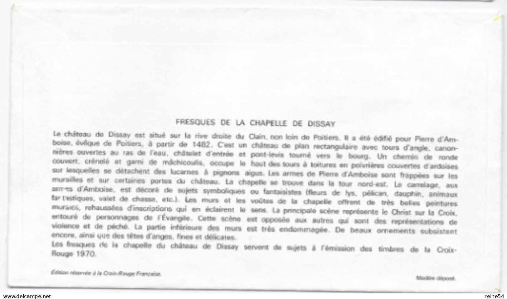 Enveloppe Premier Jour- La Croix Rouge Chapelle De Dissay  12 Déc 1970 Poitiers (86) F.D.C. 743 N° 1662 - 1970-1979