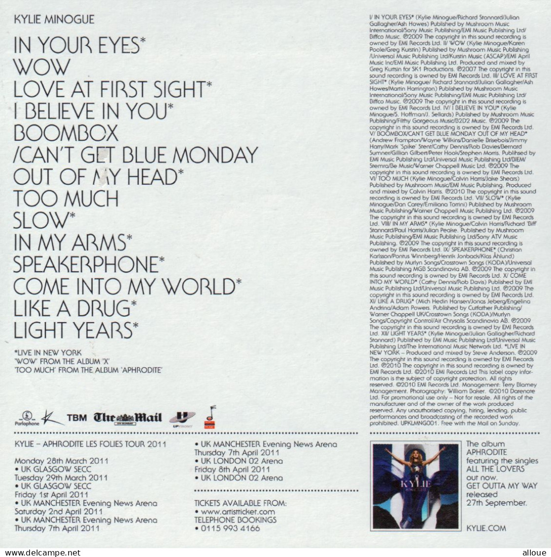 KYLIE MINOGUE  - CD PROMO MAIL ON SUNDAY - POCHETTE CARTON - KYLIE PERFORMANCE - 15 TRACKS LIVE IN NEWYORK AND DSTUDIO - Otros - Canción Inglesa