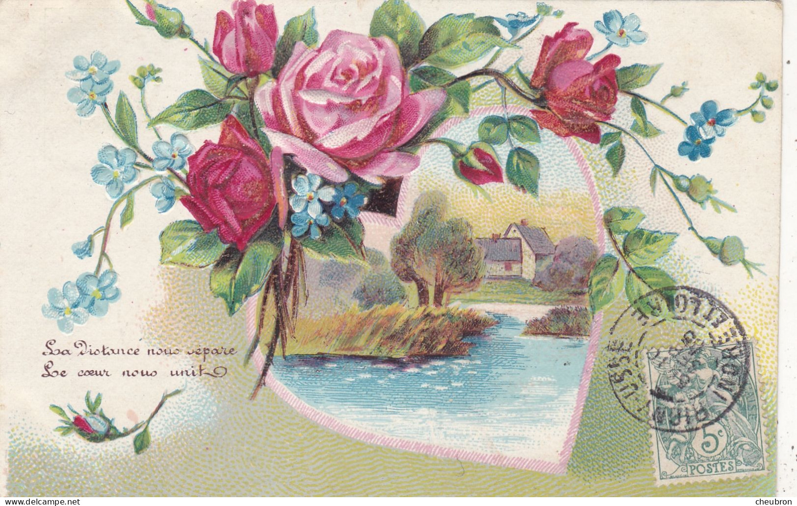 CARTE FANTAISIE . CPA GAUFRÉE.ILLUSTRATION.. TEXTE ET PAYSAGE . FLEURS ROSES.ET MYOSOTIS. ANNÉE 1905 + TEXTE - Other & Unclassified