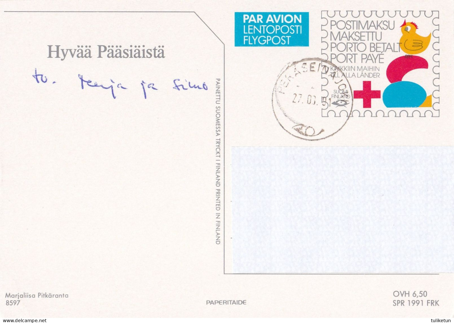 Postal Stationery - Chicken With A Lot Of Eggs - Chick - Red Cross 1991 - Suomi Finland - Postage Paid - Enteros Postales