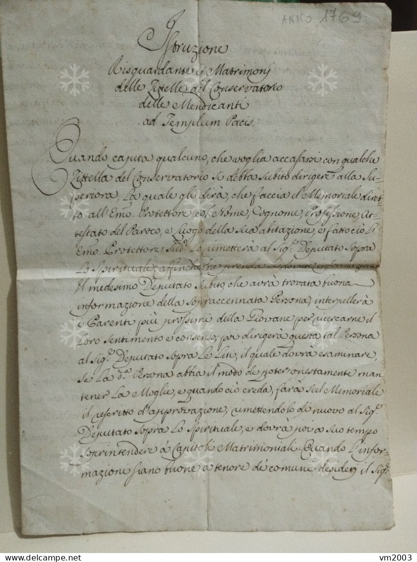 Italia Old Letter 1769 Istruzione Zitelle Dl Conservatorio Dei Mendicanti. Card. Corsini Protettore - Unclassified