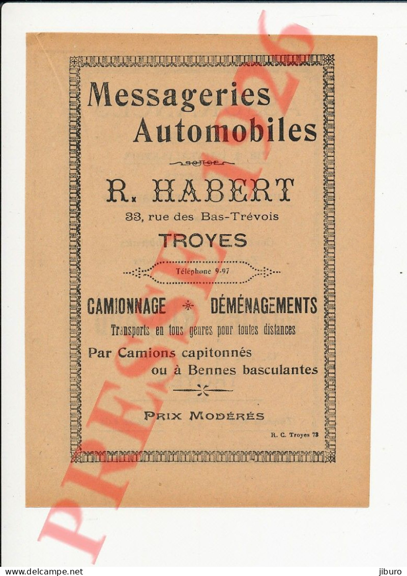 Publicité 1926 Messageries Automobiles Habert Troyes 33 Rue Des Bas-Trévois + Assurances Charles Richard 250/42 - Non Classés