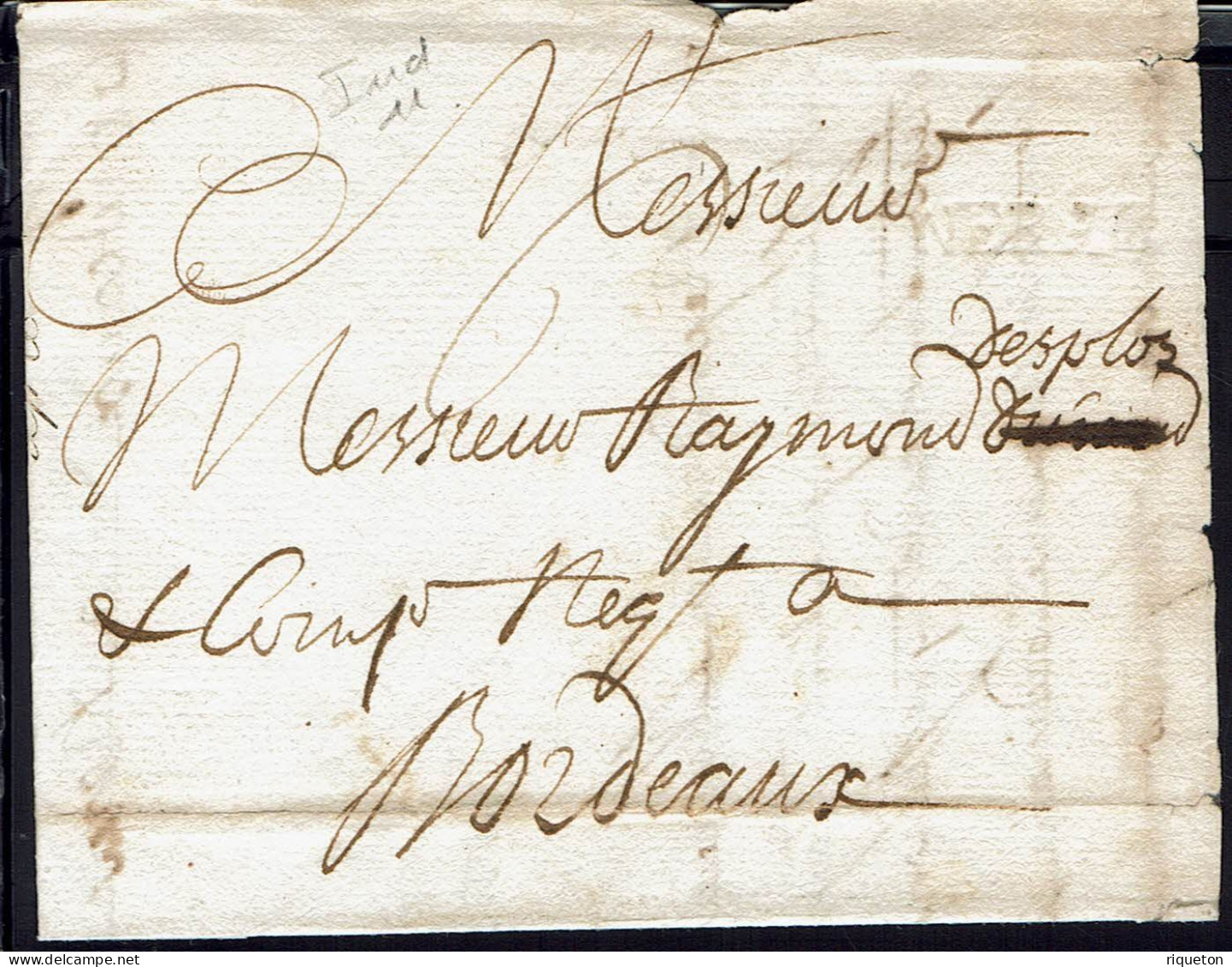 Fr. Marque Nérac à Sec. Lettre à Destination De Bordeaux Du 7 Avril 1774. Indice 11 Lenain. - ....-1700: Vorläufer