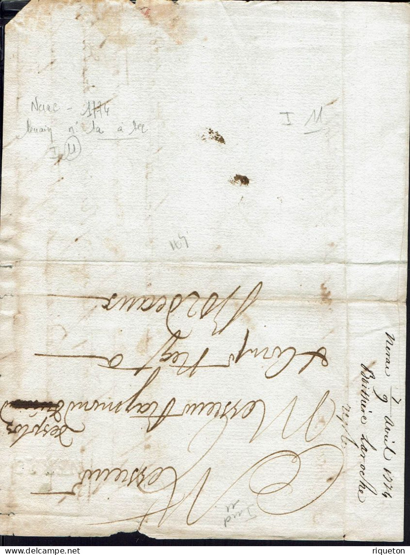 Fr. Marque Nérac à Sec. Lettre à Destination De Bordeaux Du 7 Avril 1774. Indice 11 Lenain. - ....-1700: Precursors