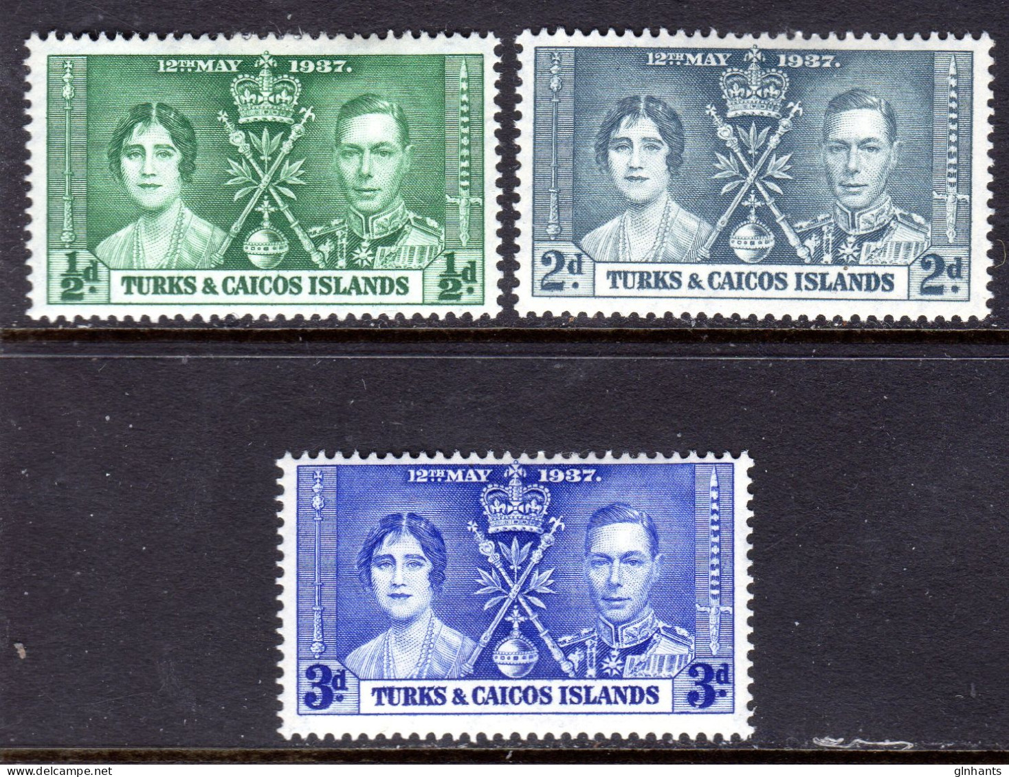 TURKS & CAICOS - 1937 CORONATION SET (3V) LIGHTLY MOUNTED MINT LMM * SG 191-193 - Turcas Y Caicos