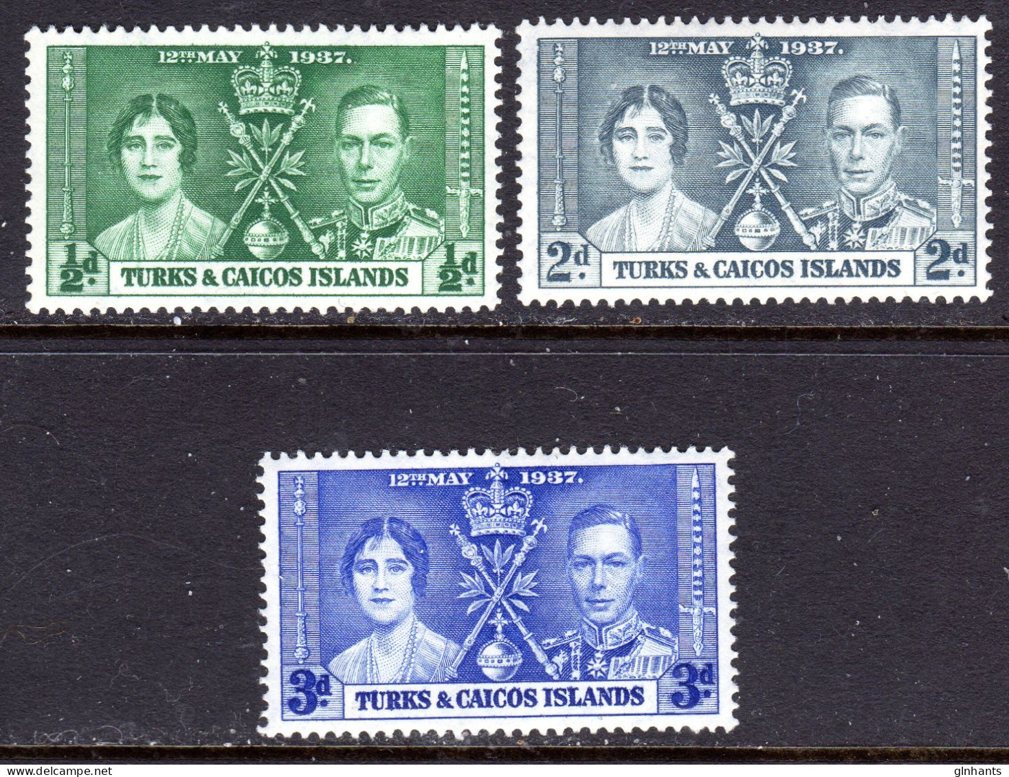 TURKS & CAICOS - 1937 CORONATION SET (3V) LIGHTLY MOUNTED MINT LMM * SG 191-193 - Turks And Caicos