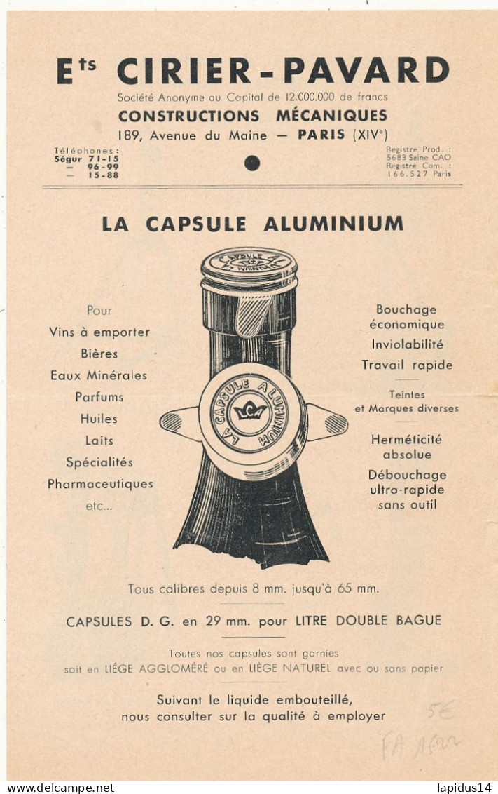 FA 3113  /PUB DEPLIANT - ETS CIRIER-PAVARD  PARIS (21 Cm X 13,50 Cm) - Autres & Non Classés