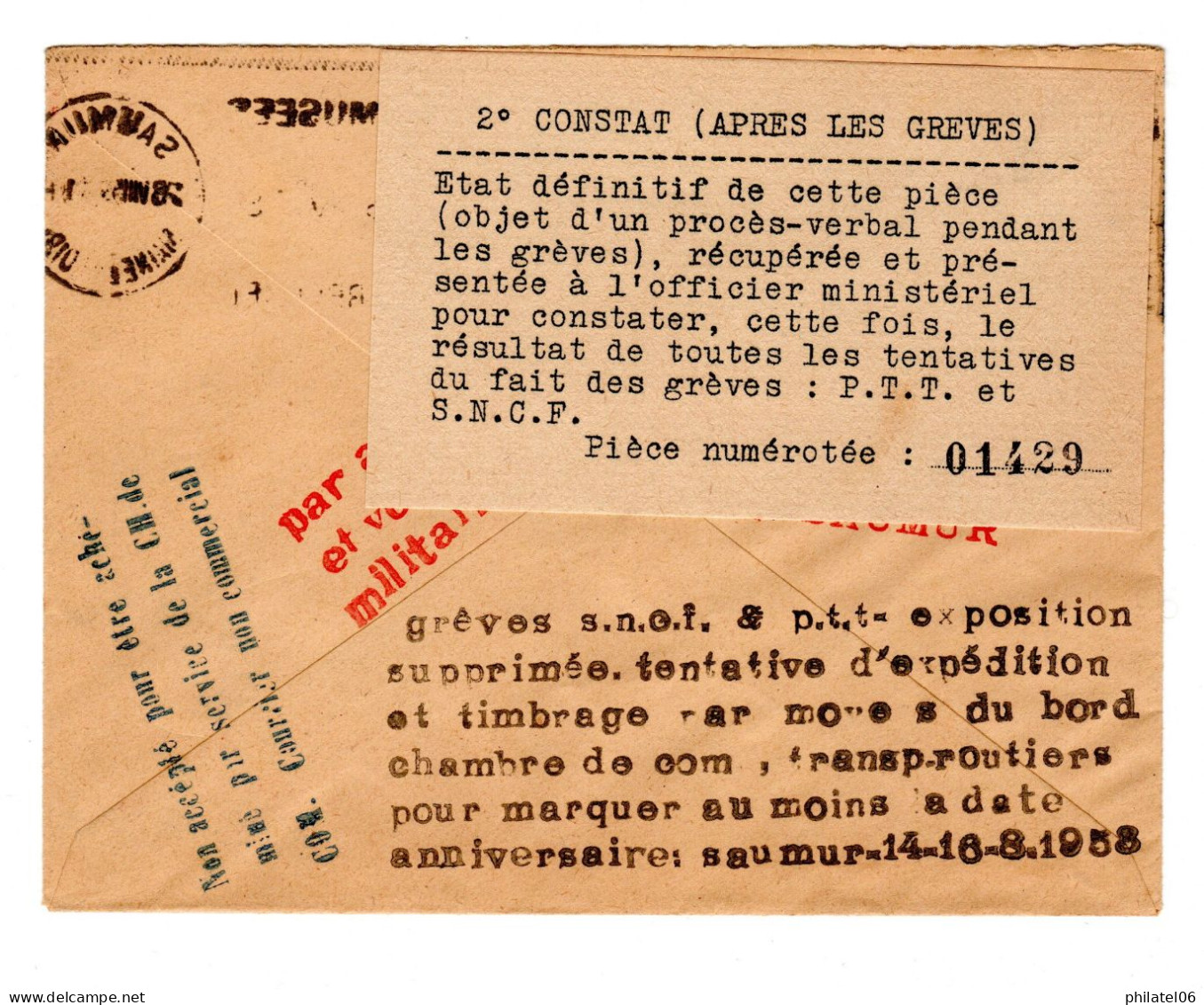 FRANCE  GREVE DE SAUMUR  1953  LETTRE NUMEROTEE  PEU COURANT AVEC LES 2 TIMBRES - Documentos