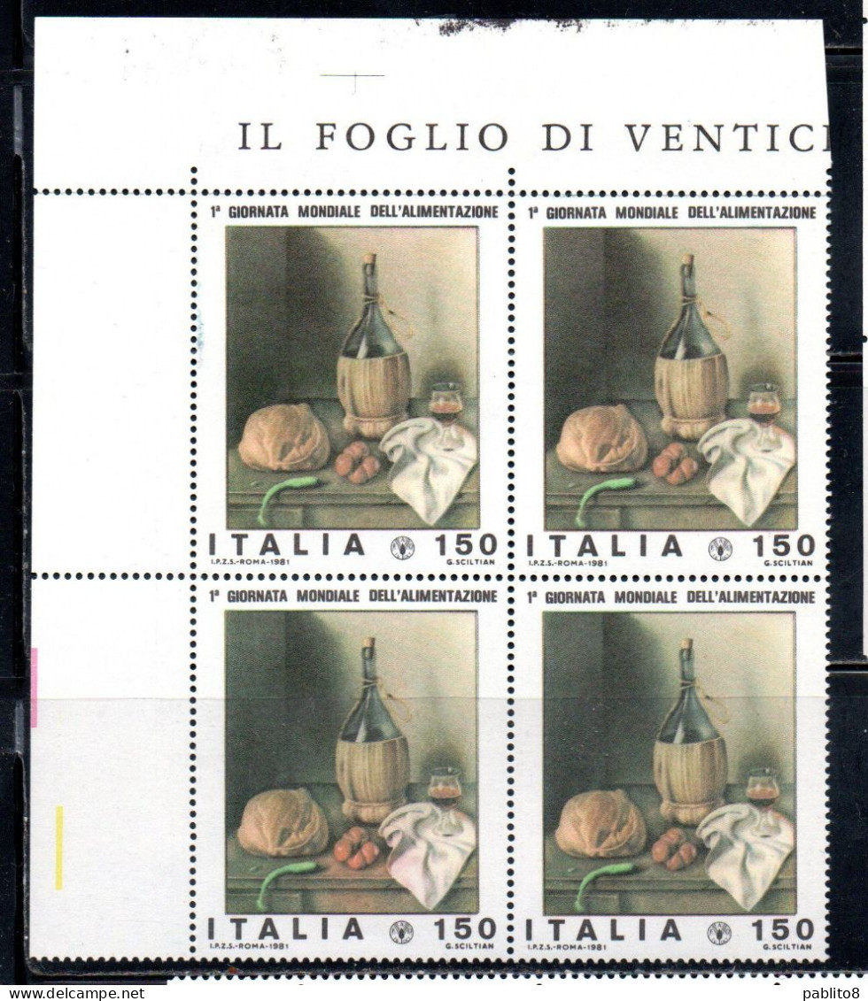 ITALIA REPUBBLICA ITALY REPUBLIC 1981 GIORNATA MONDIALE DELL'ALIMENTAZIONE QUARTINA ANGOLO DI FOGLIO BLOCK MNH - 1981-90: Mint/hinged