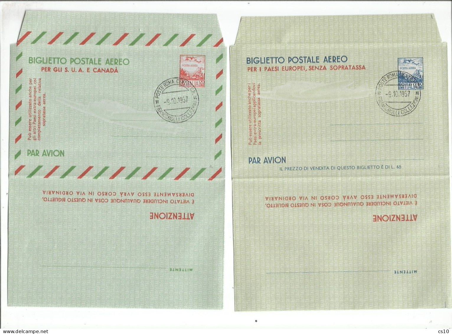 Italia Areogrammi Biglietto Postale Aereo # 1/2 Nuovi L.60 E L.120 - Con Annullo Filatelico Roma 9ott1957 - Poste Aérienne