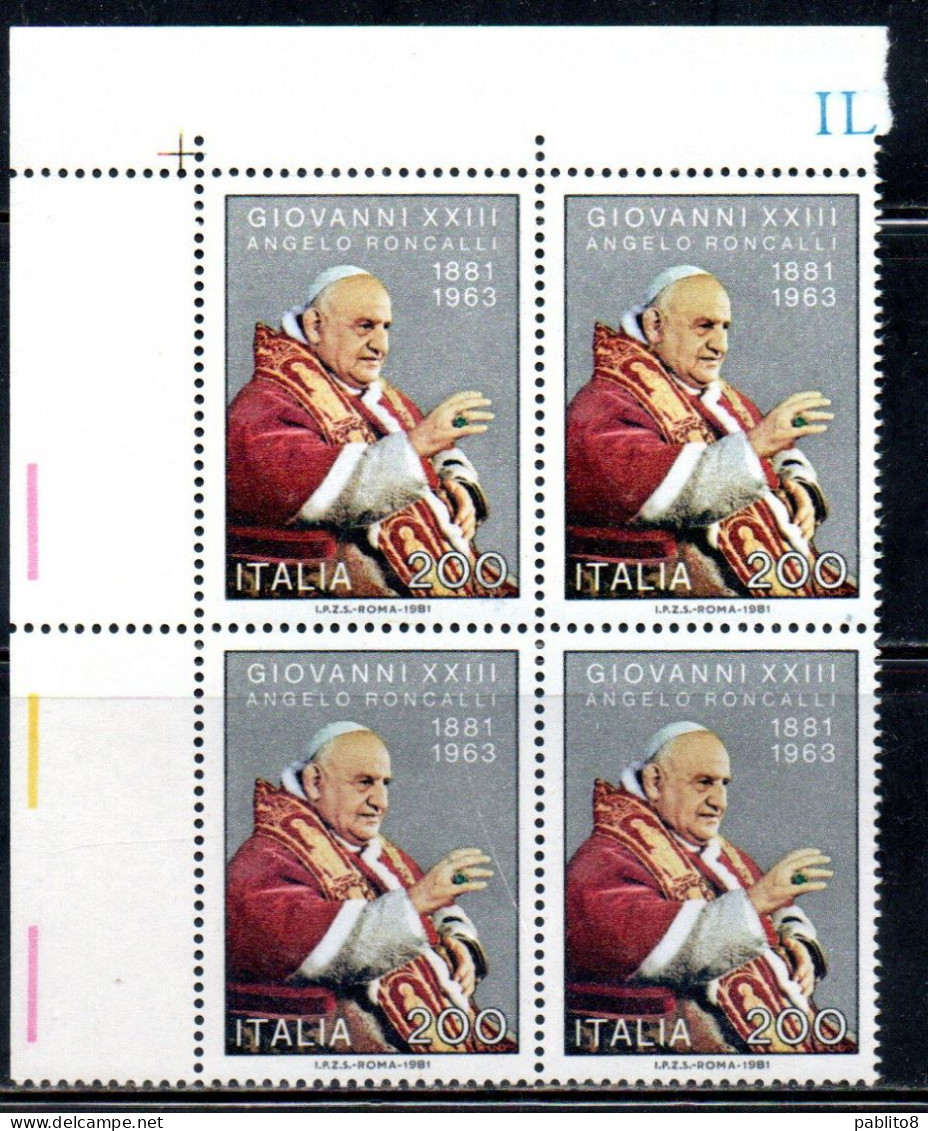 ITALIA REPUBBLICA ITALY REPUBLIC 1981 PAPA GIOVANNI XXIII POPE JOHN QUARTINA ANGOLO DI FOGLIO BLOCK MNH - 1981-90: Nieuw/plakker