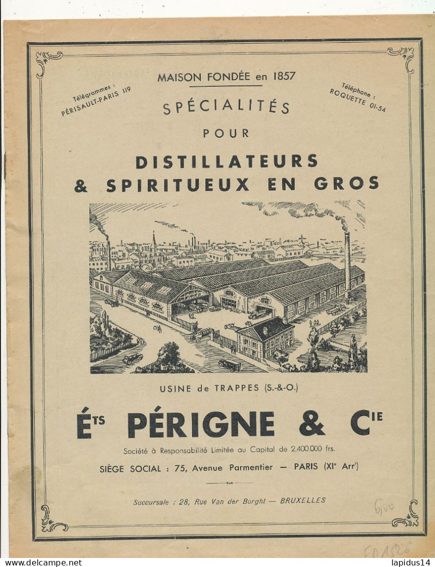 FA 3117  /PUB DEPLIANT -  DISTILLATEURS & SPIRITUEUX EN GROS  ETS PERIGNE & Cie PARIS  (27,50 Cm X 21,50 Cm) - Autres & Non Classés