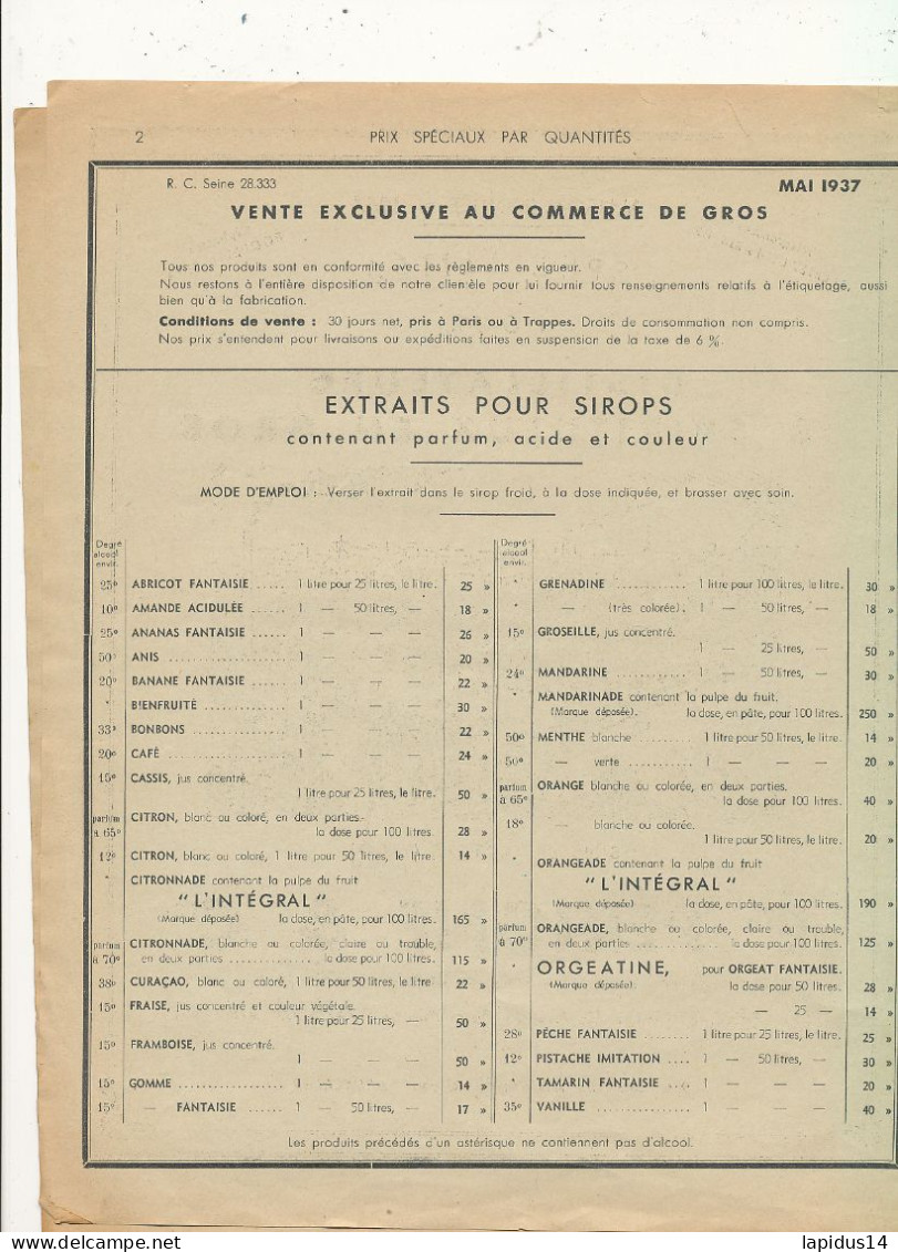 FA 3117  /PUB DEPLIANT -  DISTILLATEURS & SPIRITUEUX EN GROS  ETS PERIGNE & Cie PARIS  (27,50 Cm X 21,50 Cm) - Autres & Non Classés