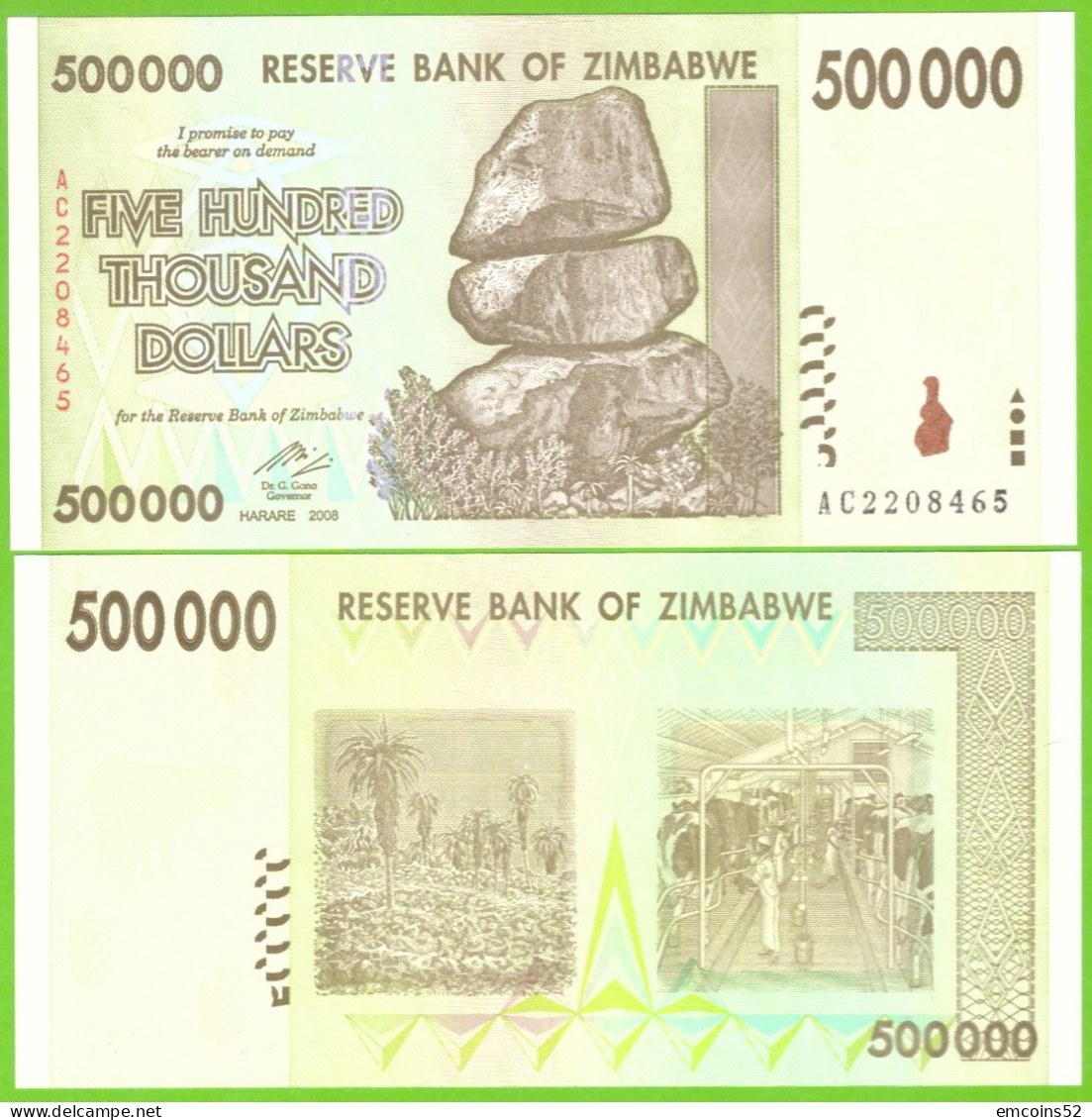 ZIMBABWE 500000 DOLLARS 2008  P-76 UNC - Zimbabwe