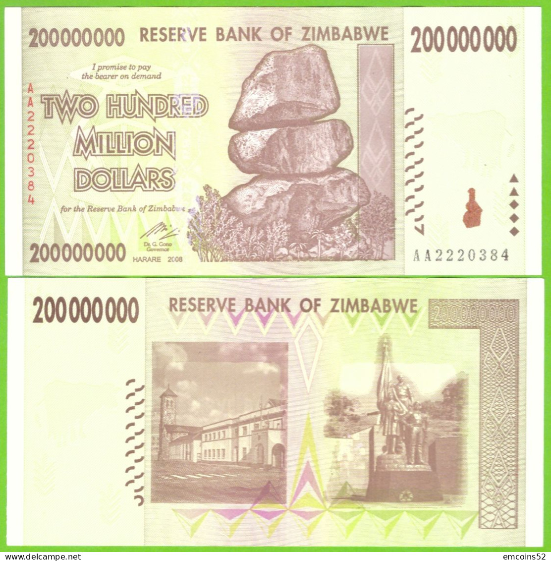 ZIMBABWE 200000000 DOLLARS 2008  P-81 UNC - Simbabwe