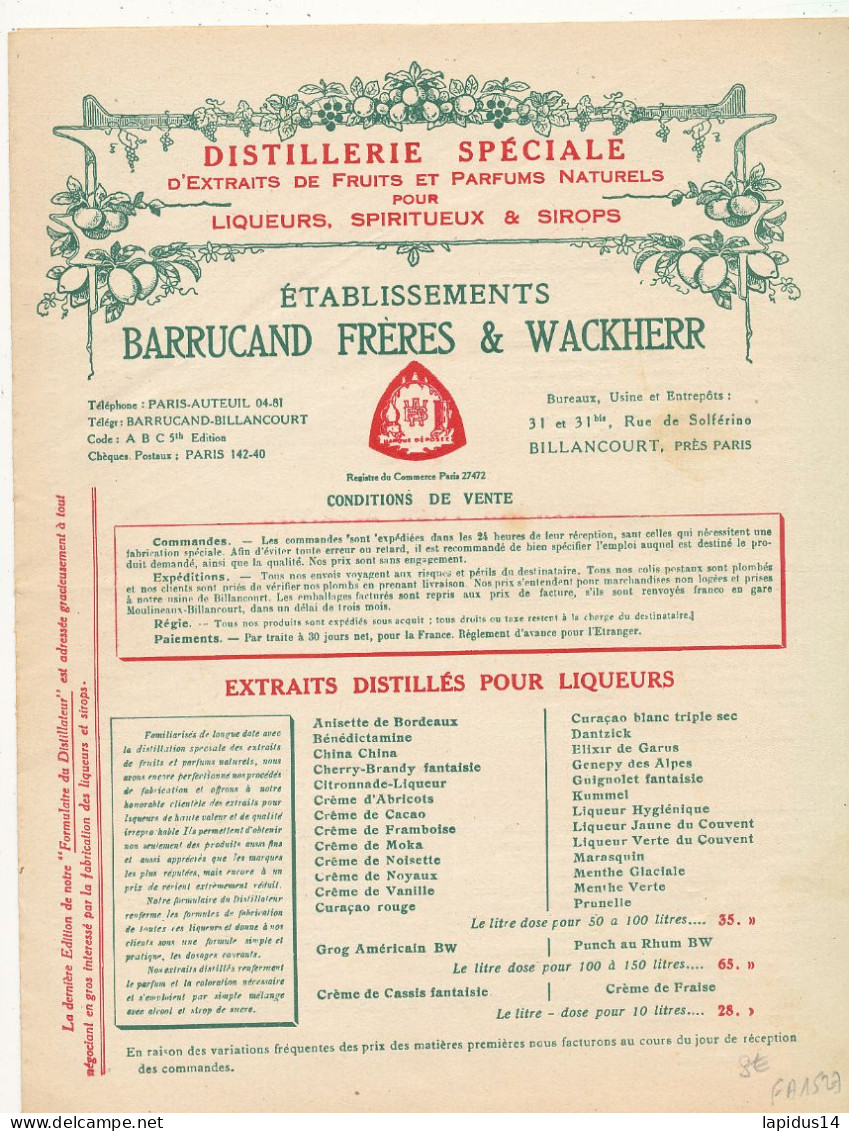 FA 3118  /PUB DEPLIANT -  DISTILLERIE SPECIALE LIQUEURS SPIRITUEUX ETS BARRUCAND FRERES & WACKHERR (27,50 Cm X 21,50 Cm) - Autres & Non Classés